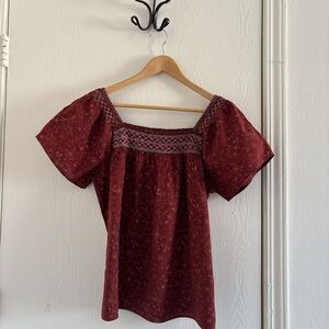 Madewell Women’s Small Burgundy/Red Smocked Peasant Top 100% Cotton Boho